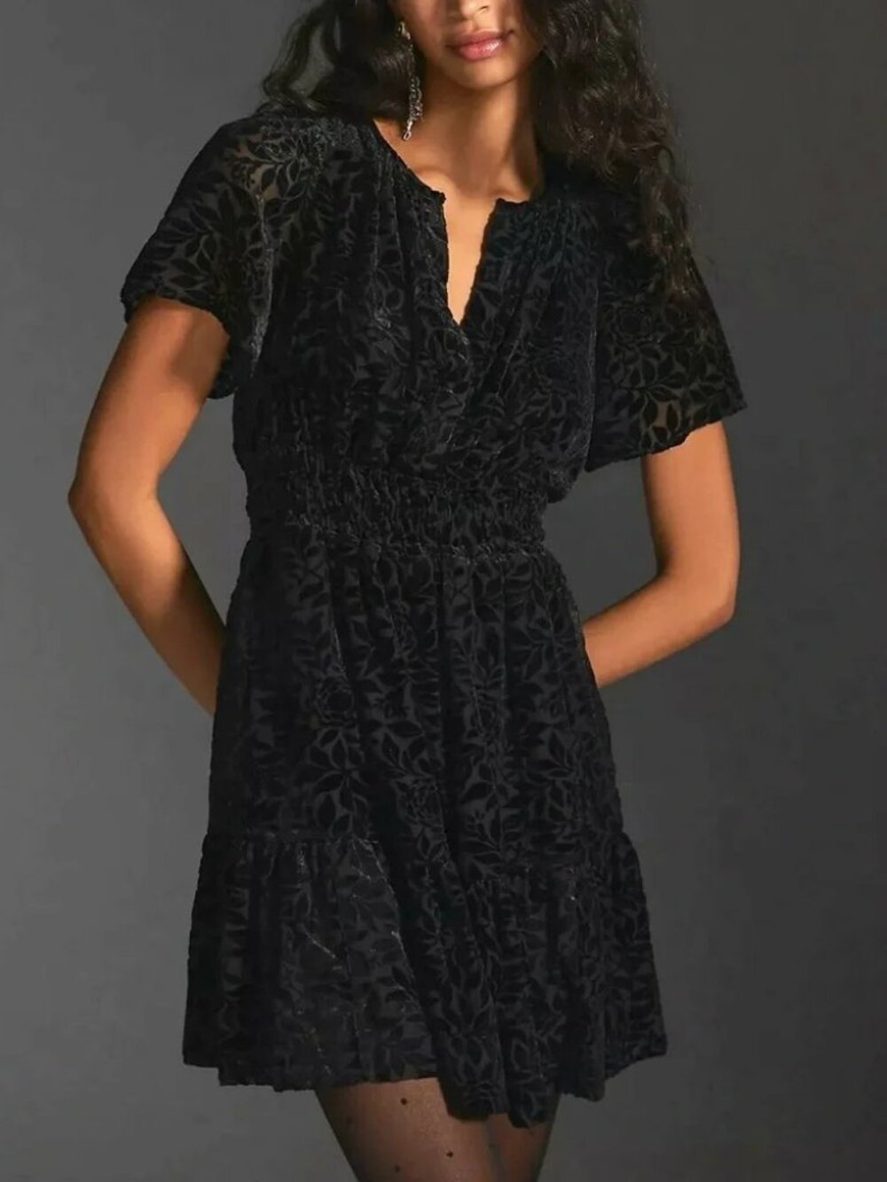 Anthropologie The Somerset Dress Mini Black Velvet Burnout | Size Large - Picture 3 of 4